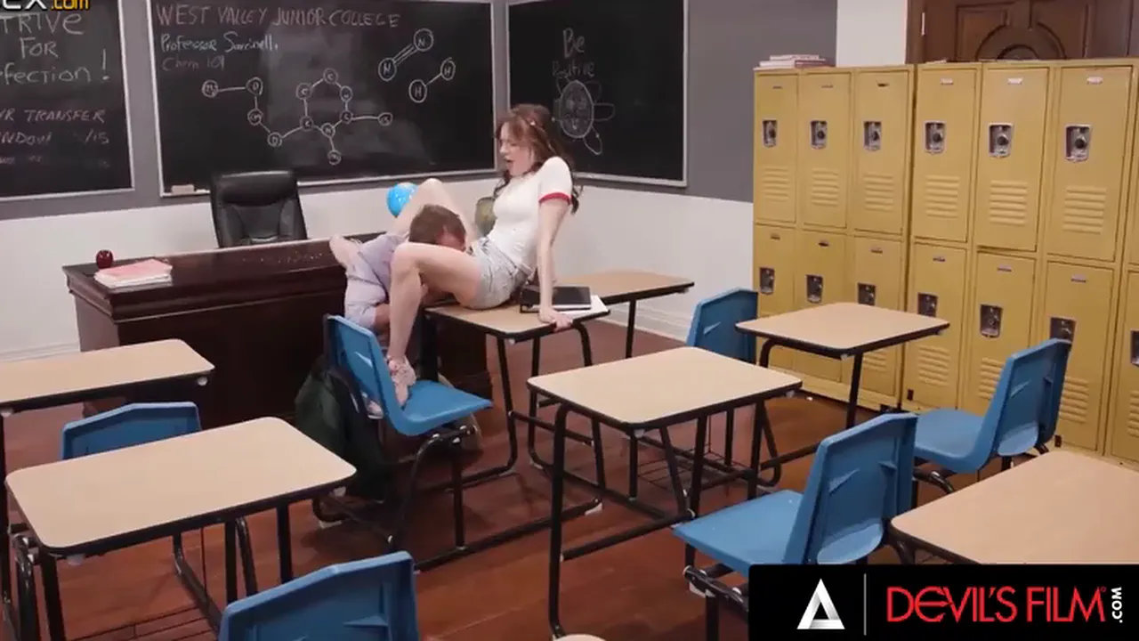 Petite student Rose Carter masturbates and cums squirting while having hardcore sex with