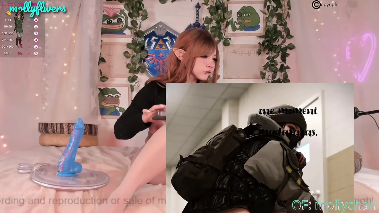 Mollyflwers, the redhead babe with big tits and ass, masturbates with a big dildo while