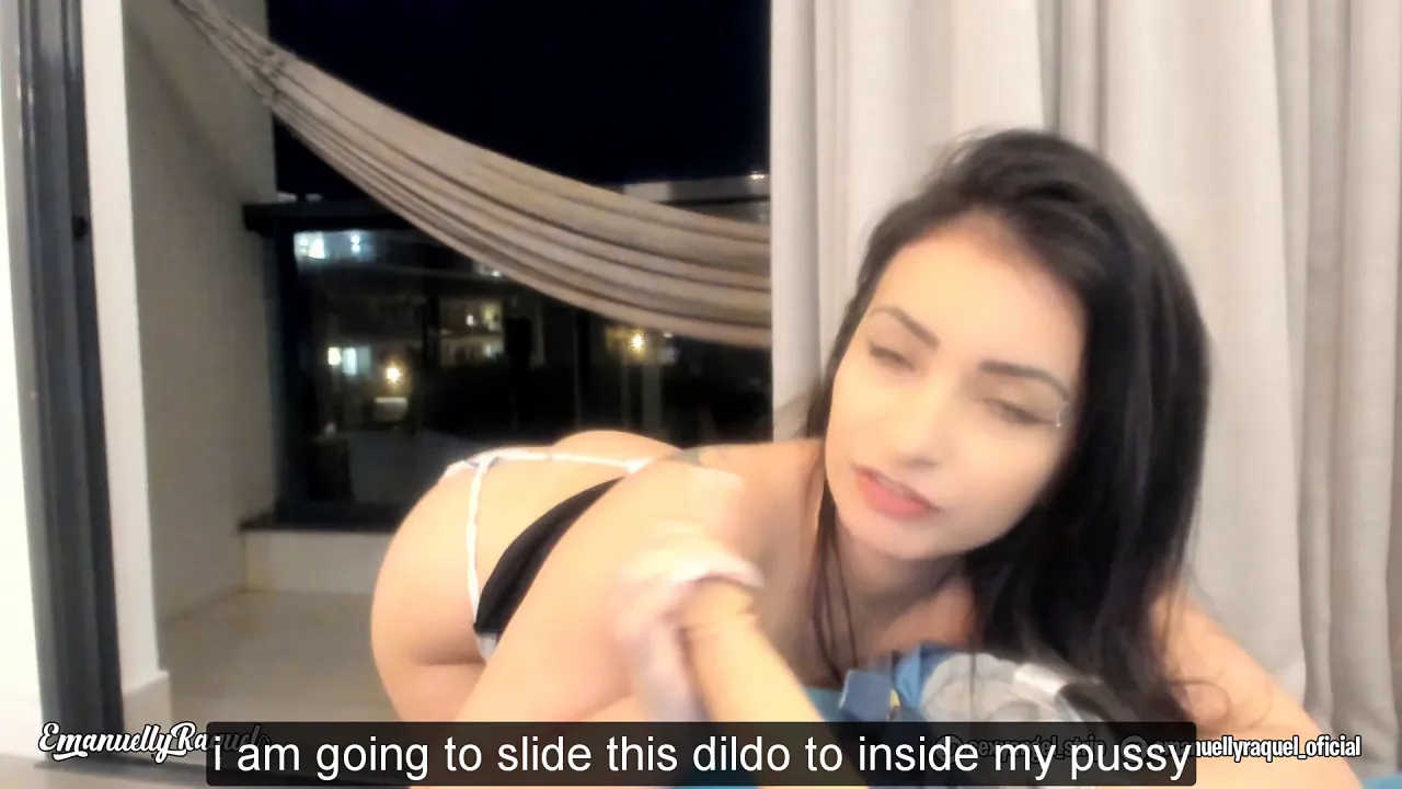 Brazilian webcam model Emanuelly Raquel masturbates on balcony, flashes big tits and ass