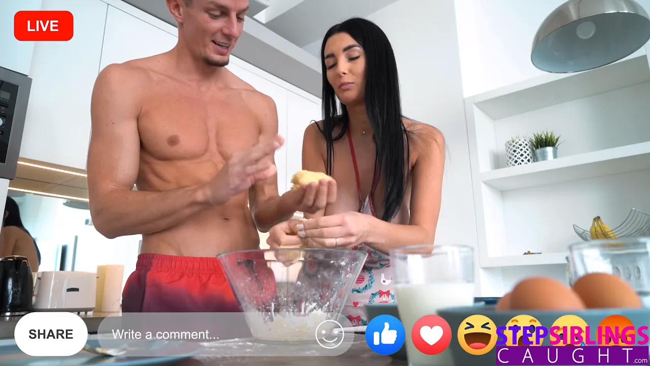 European stepbrother with big tits and braces gives him a blowjob in the kitchen