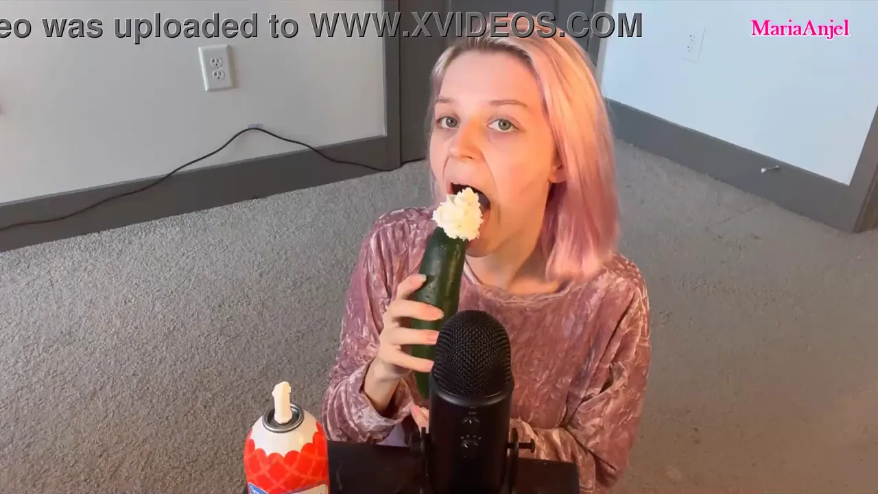 Petite solo babe teases with deep cucumber blowjob
