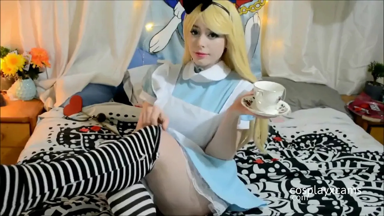 Blonde cosplayer with big natural tits and petite body teased in delicate lingerie and