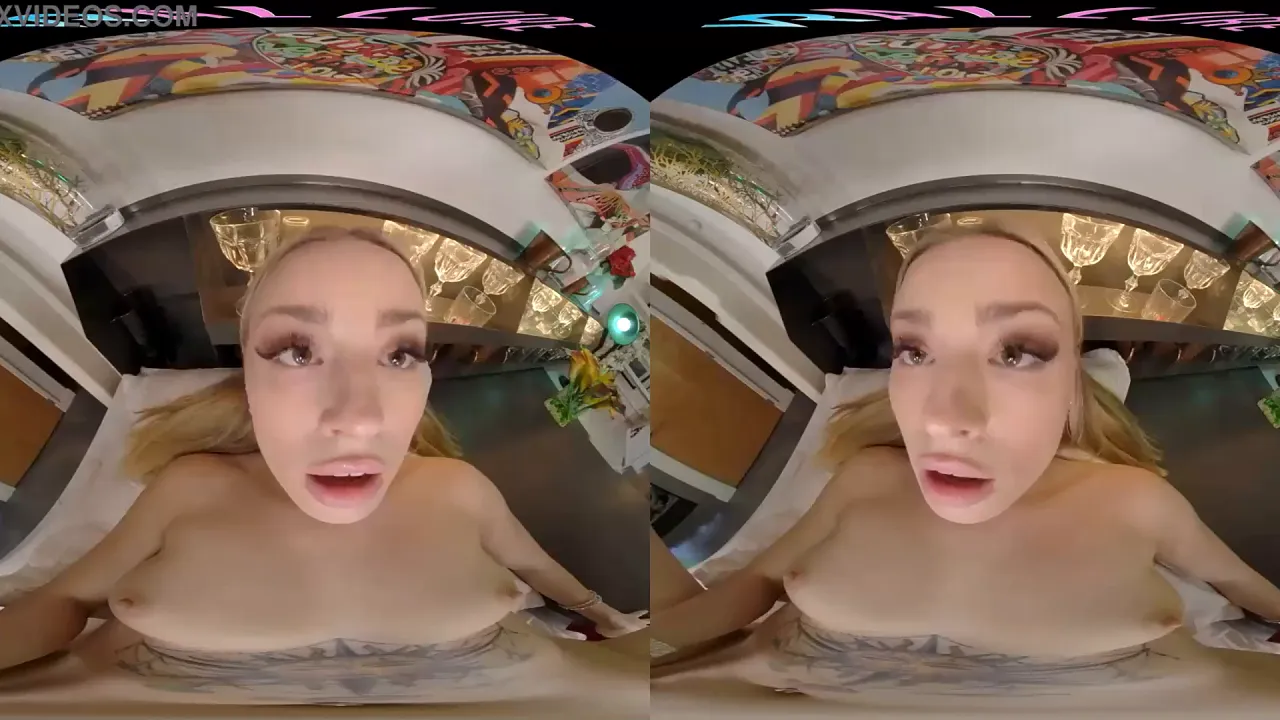 Petite blonde solo masturbates with a male sex doll in VR