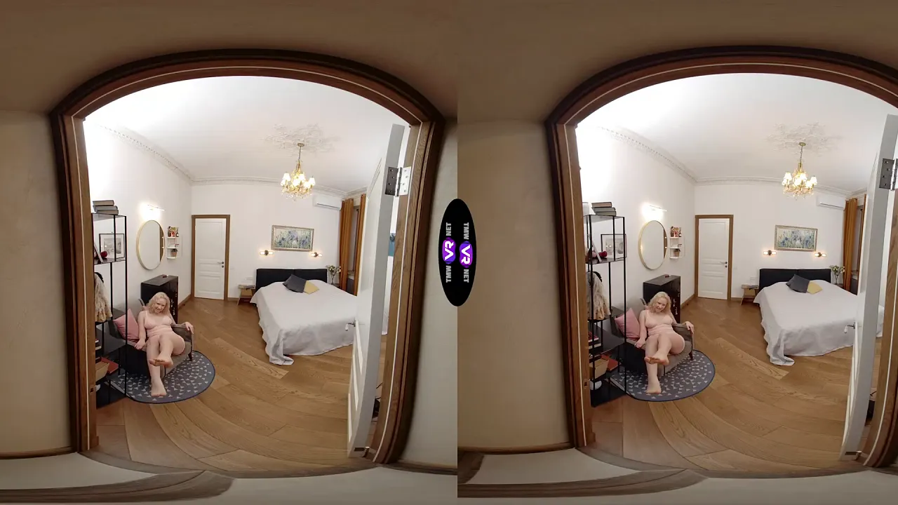 Blonde babe Sara Bork strips for her man in solo VR video