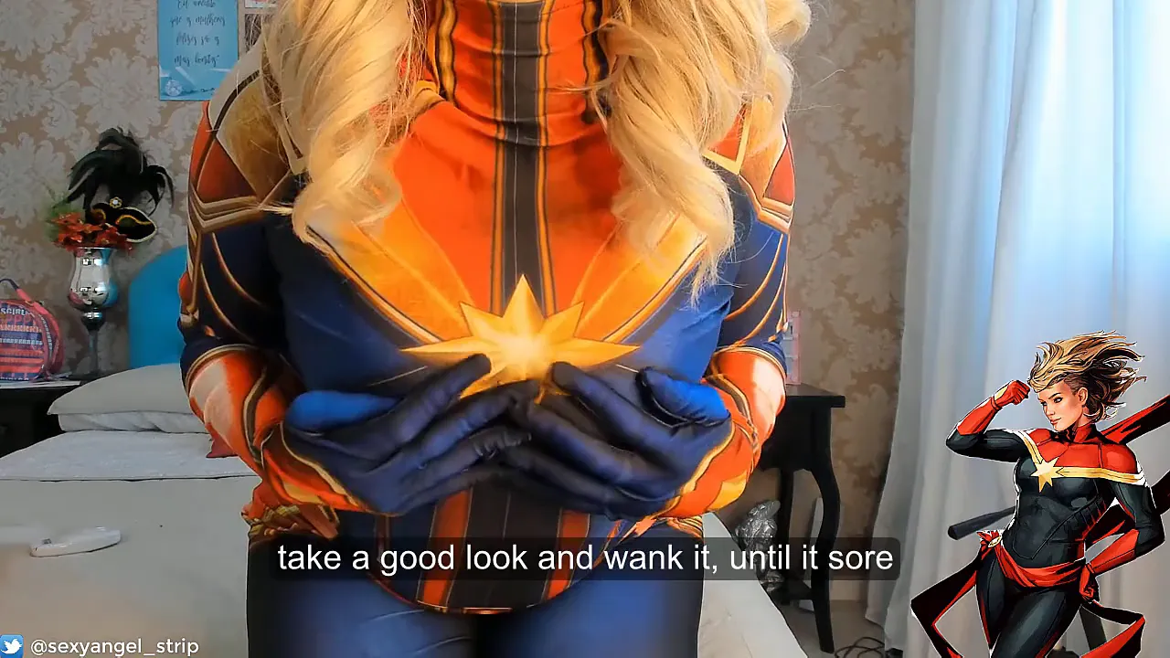 Captain Marvel cosplay blonde uses two toys to pleasure herself before getting fucked