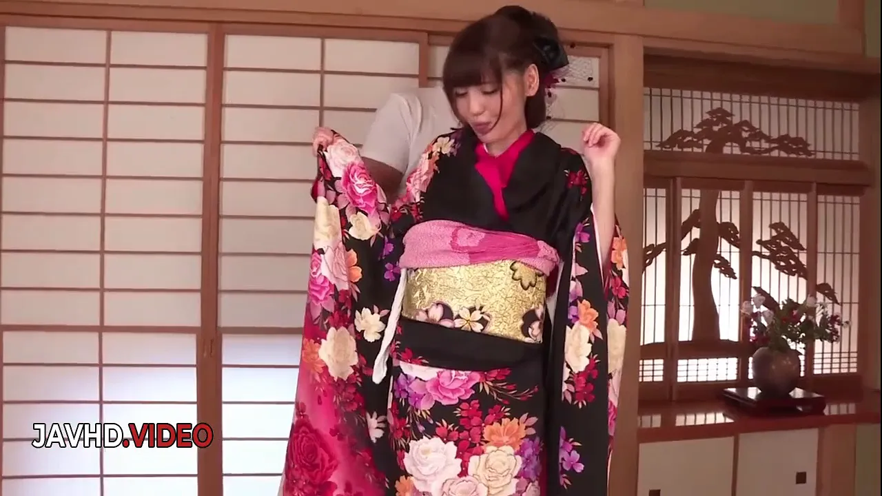 Japanese girl slowly strips out of her kimono to reveal tight pussy for thick vibrator