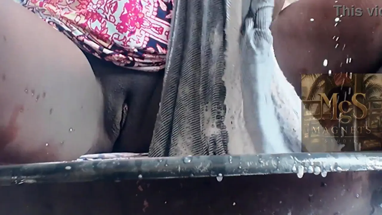 Slutty solo amateur wife shows off her shaved, puffy pussy in laundry room