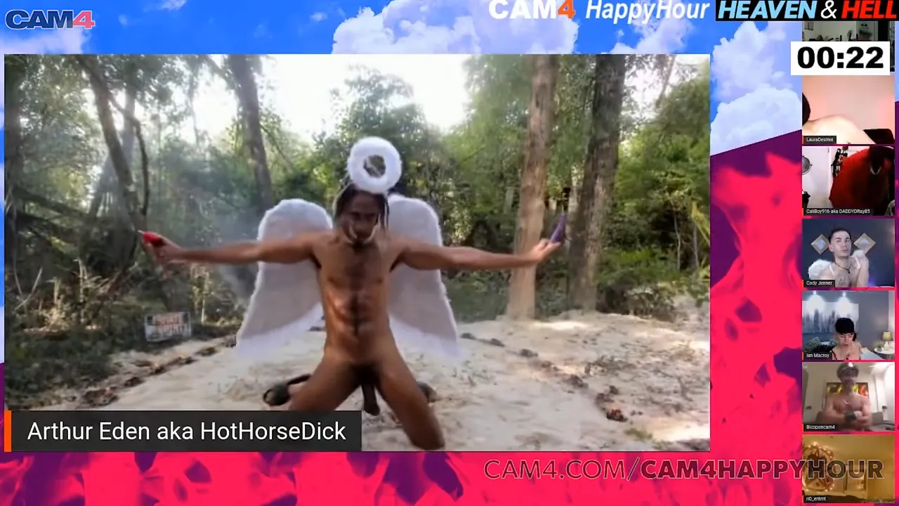 Gay cam boys Heaven and Hell give happy hour blowjobs to each other's big cocks
