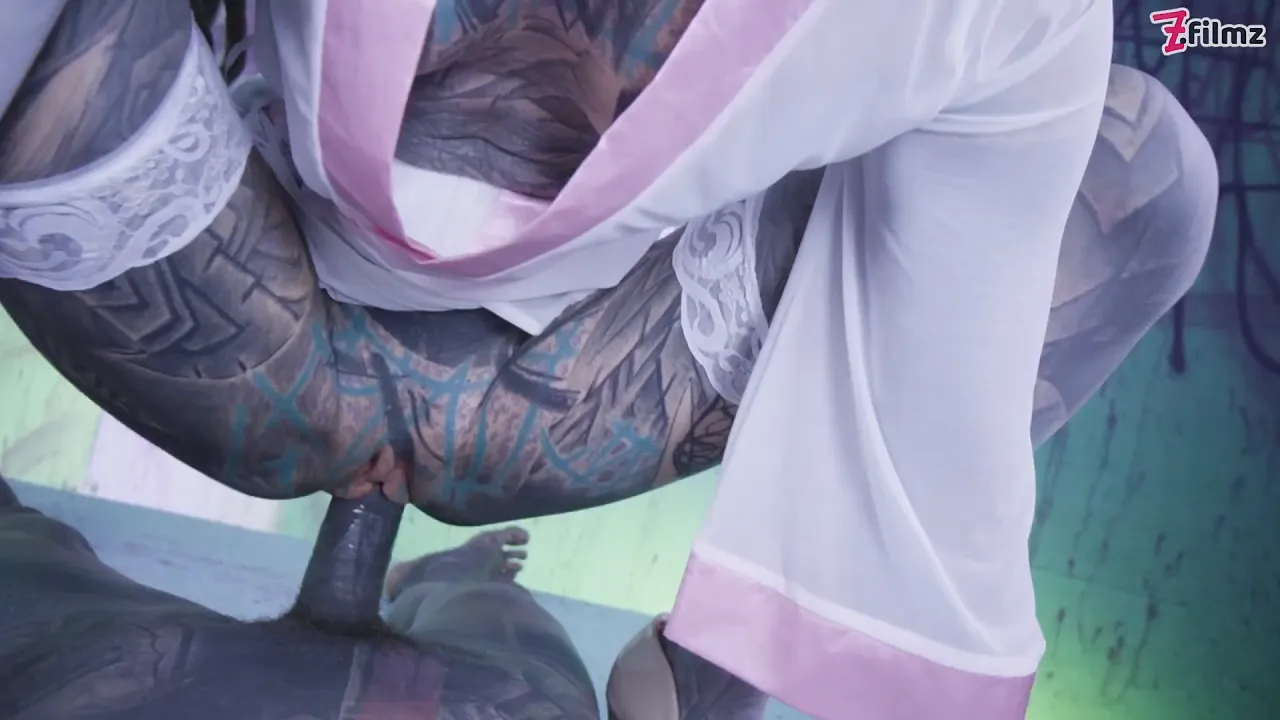 Tattooed girl with glasses gets double penetrated and facials by her tattooed lover