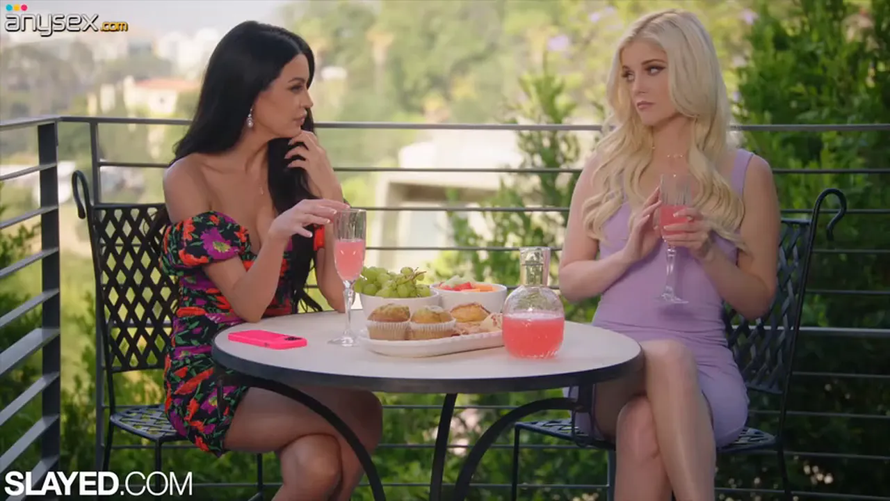Glamorous blonde and brunette lesbian scissoring and fingering each other to climax