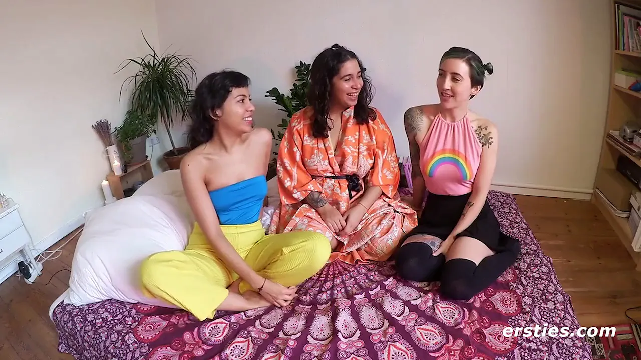 Three brunettes have a lesbian 3some with fingering and pussy licking