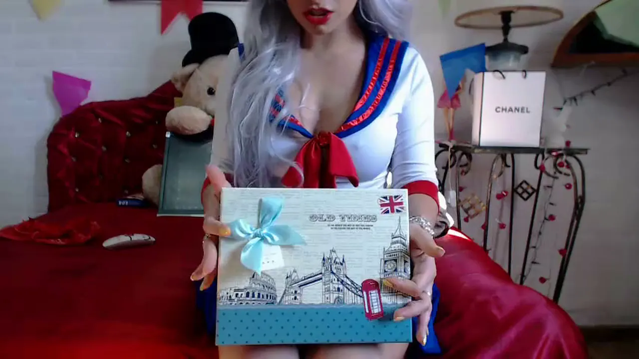 Brunette anime cosplay girl masturbates with toys and gives a webcam blowjob