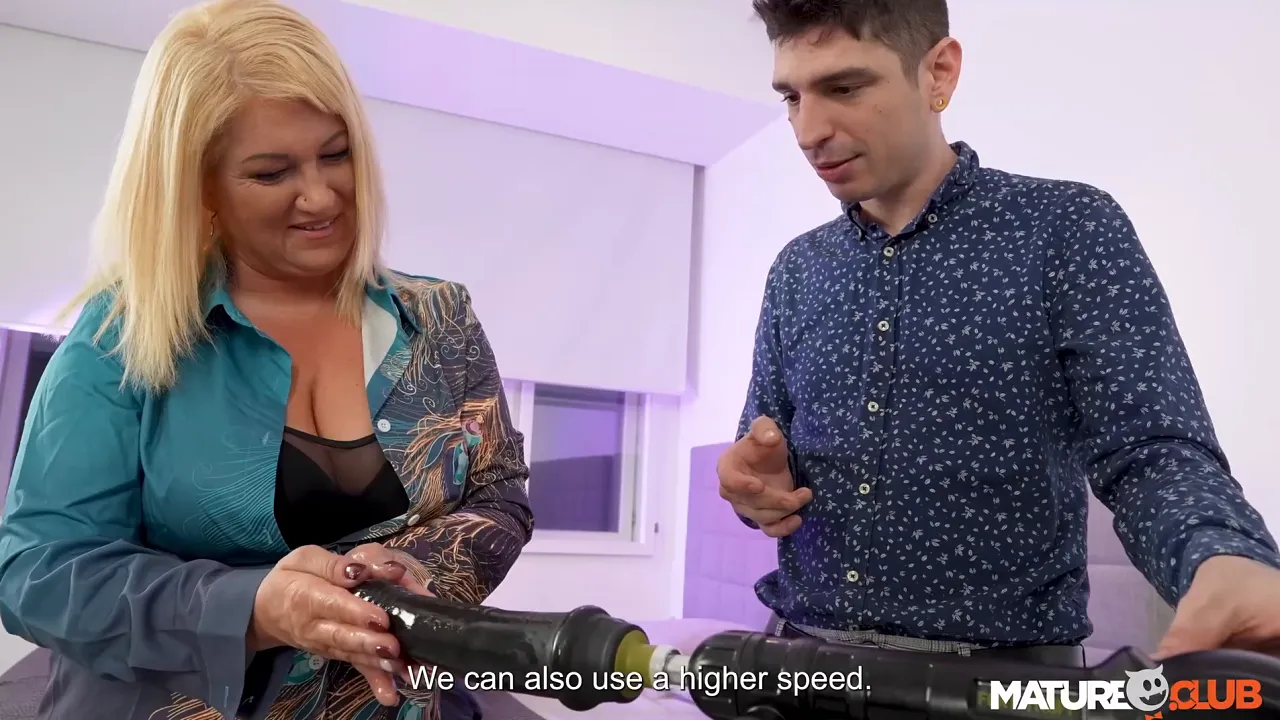 Mature blonde mom Anna Blue gets surprised with a big dick sex toy