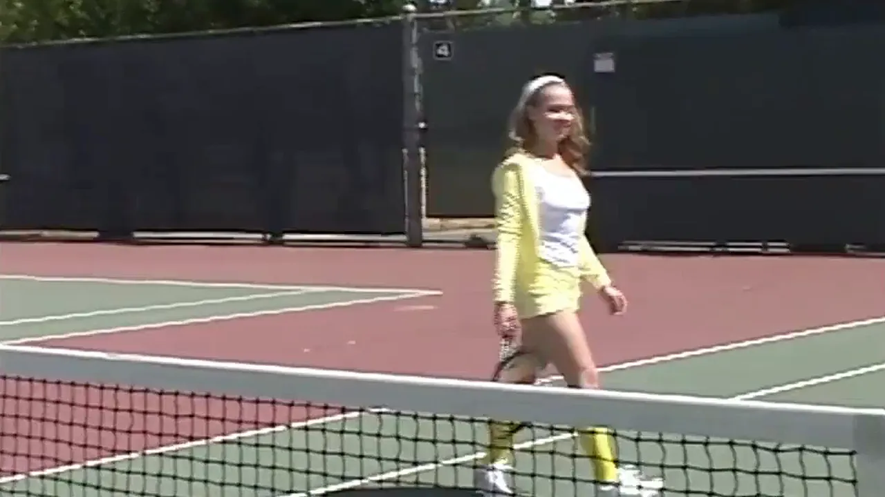 Blonde babe Little April wanks herself after tennis in public