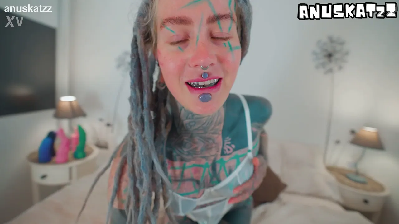Tattooed solo masturbation with a big toy