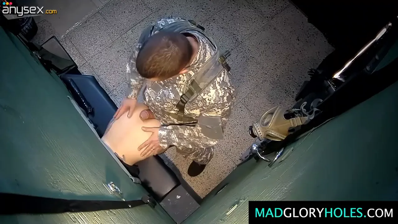Slender girl with small tits gets doggystyle fucked by two military men in a gangbang