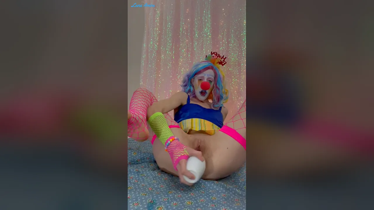 Lana Amira has solo Halloween clown cosplay anal sex in a fetish video
