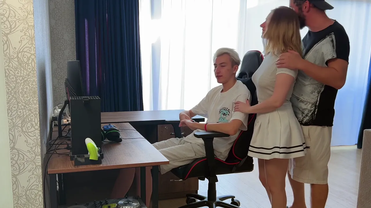 Stepfather helps stepson lose virginity to busty blonde with squirting pussy