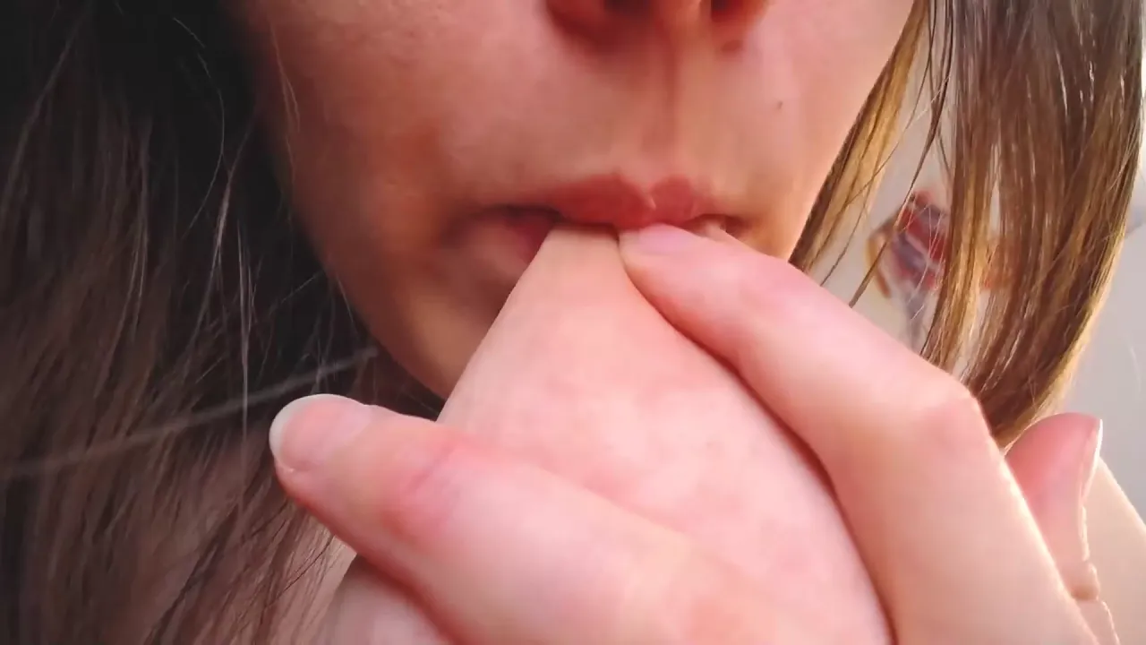 Amateur girl with big natural tits sucks and licks her nipples in close-up ASMR video