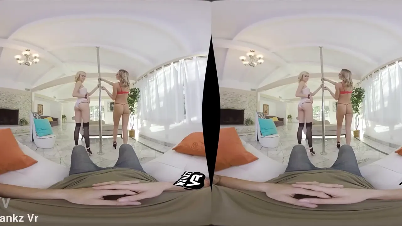Blonde stripper gives striptease and threesome in virtual reality