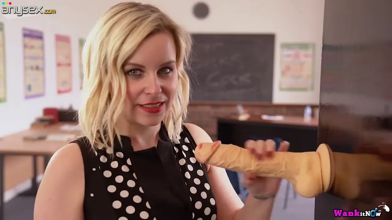 Blonde teacher Anna Belle strips and masturbates with a suction cup dildo
