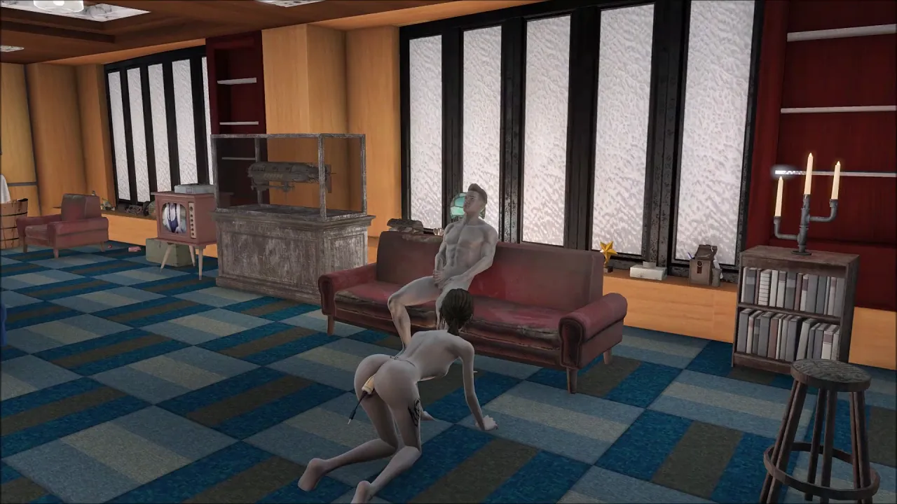 Anime brunette uses dildo and vibrator for triple blowjob in Fallout 4 hentai
