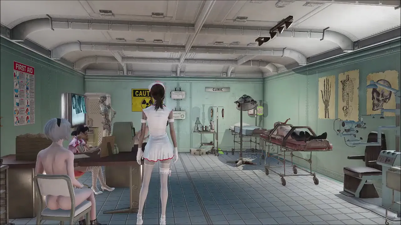 Brunette nurse strips and teases in Fallout 4