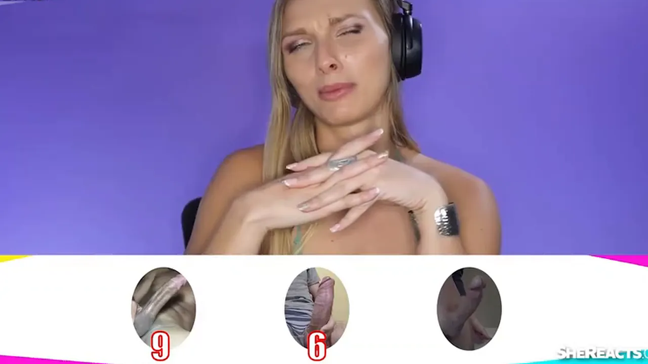 Blonde Layna Landry watches and ranks three guys' big cocks during solo masturbation