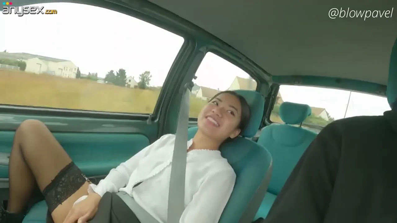 Asian babe gives her friend a messy blowjob in his car after a month of abstinence
