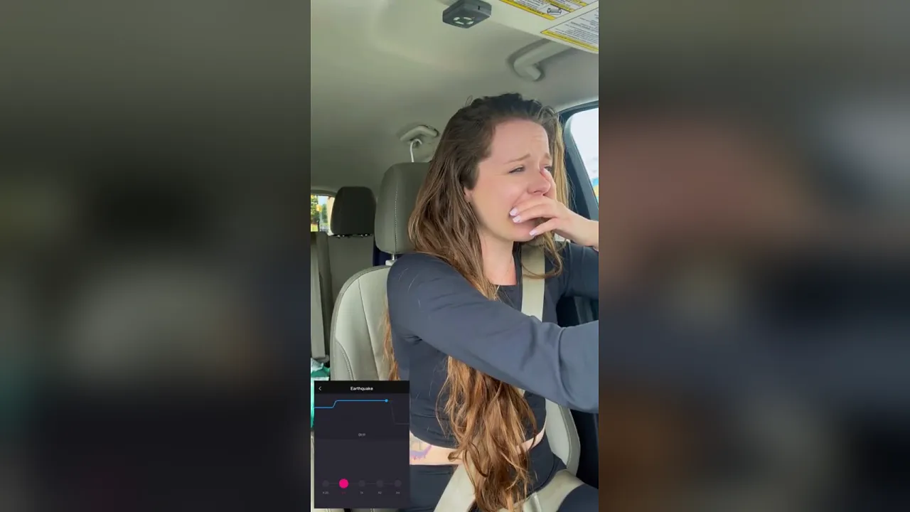 Petite brunette Nadia Foxx uses a vibrator during POV car ride