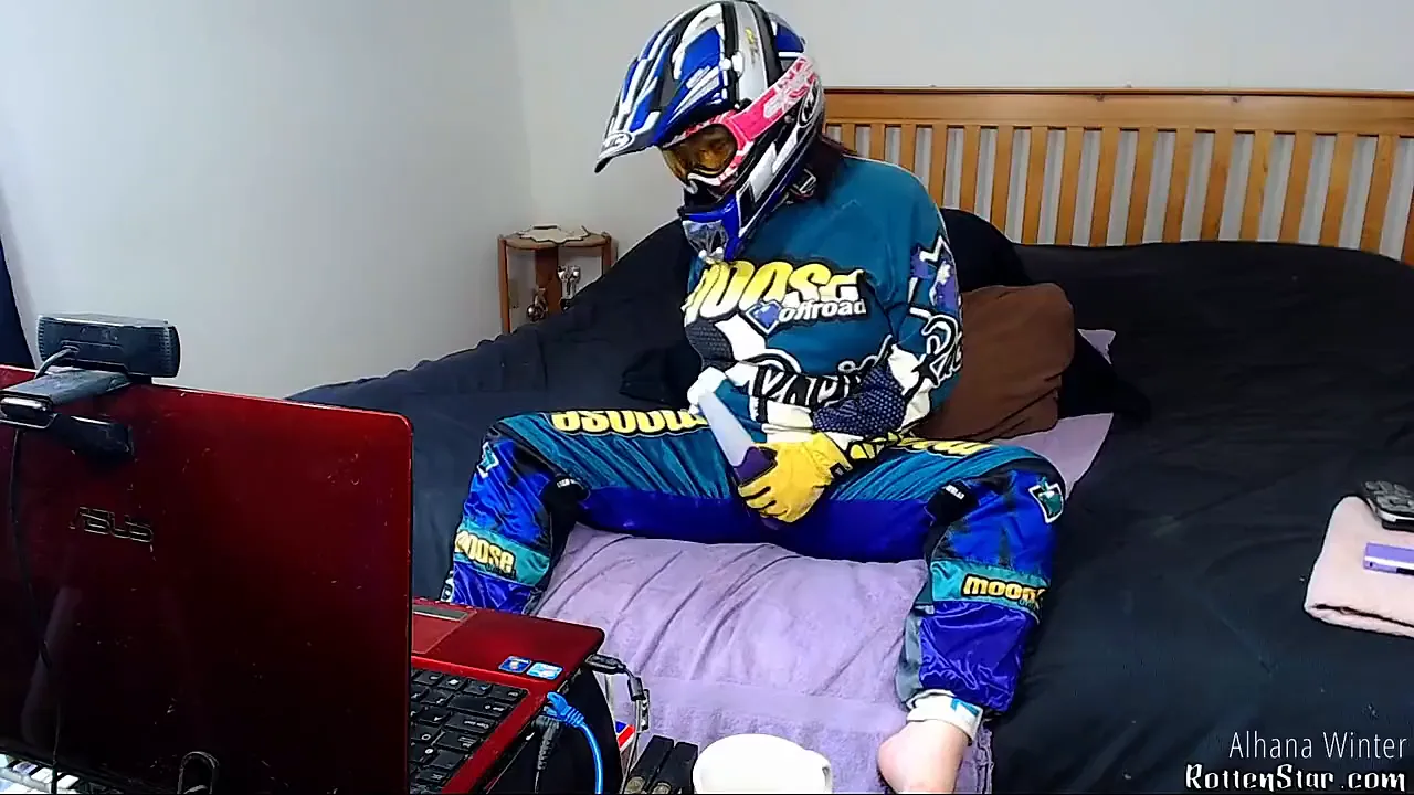 Stepmom Alhana Winter has webcam fun with motocross roleplay and vibrator masturbation