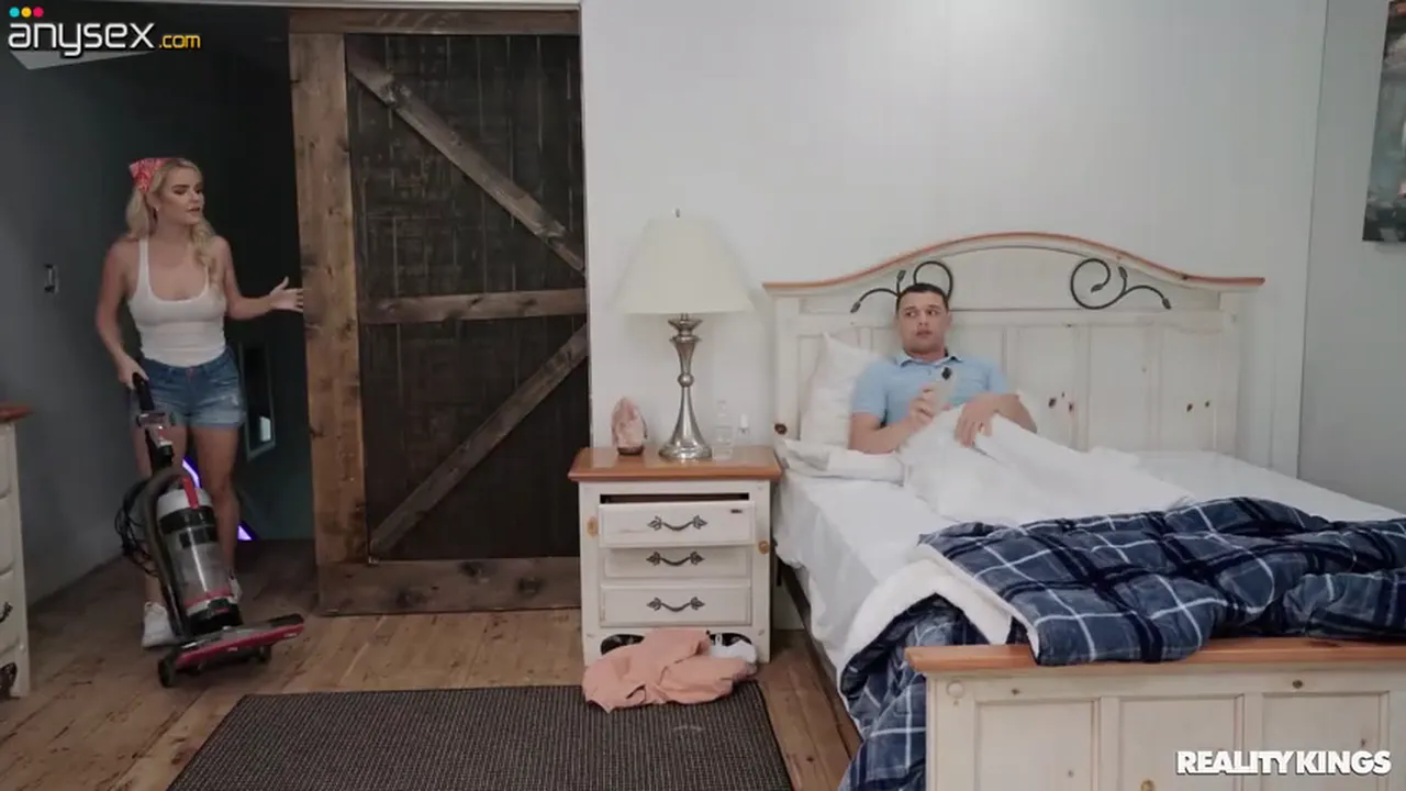 Curvy blonde MILF seduces stepson for a fuck after catching him with his dick in the