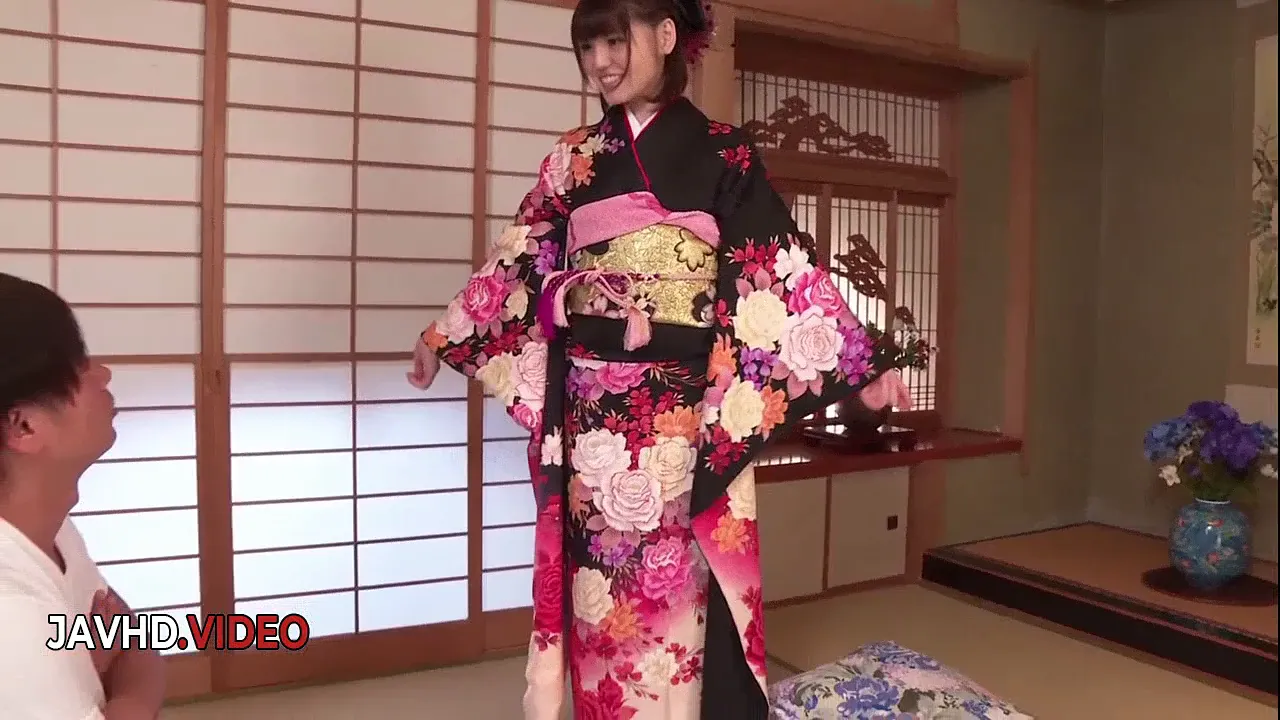 Japanese babe in kimono masturbates with a toy while getting hard fucked and creampied